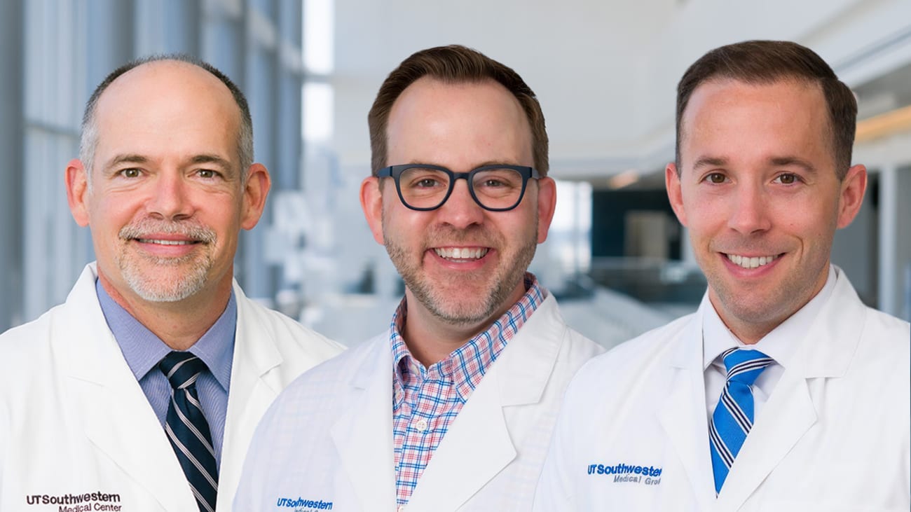 pictures of Walter Kutz, M.D., Professor of Otolaryngology and Neurological Surgery; Justin Jordan, M.D., M.P.H., FAAN, Associate Professor of Neurology and Section Head of Neuro-Oncology, and Aaron Plitt, M.D., Assistant Professor of Neurological Surgery