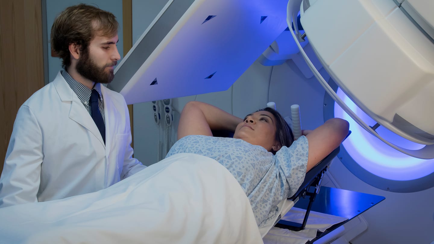 Patient undergoing radiation therapy for breast cancer.