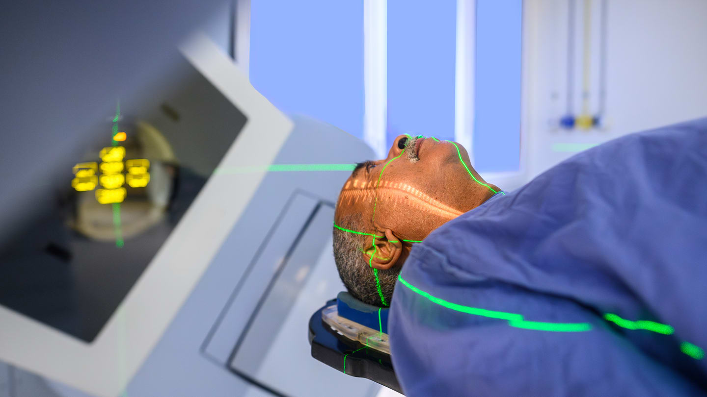 Patient positioned for radiation treatment.