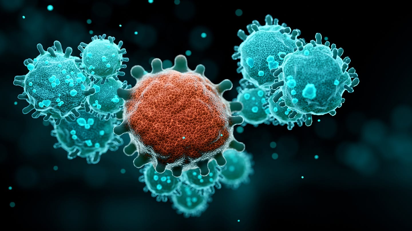 Illustration of immune cells interacting with a cancer cell.