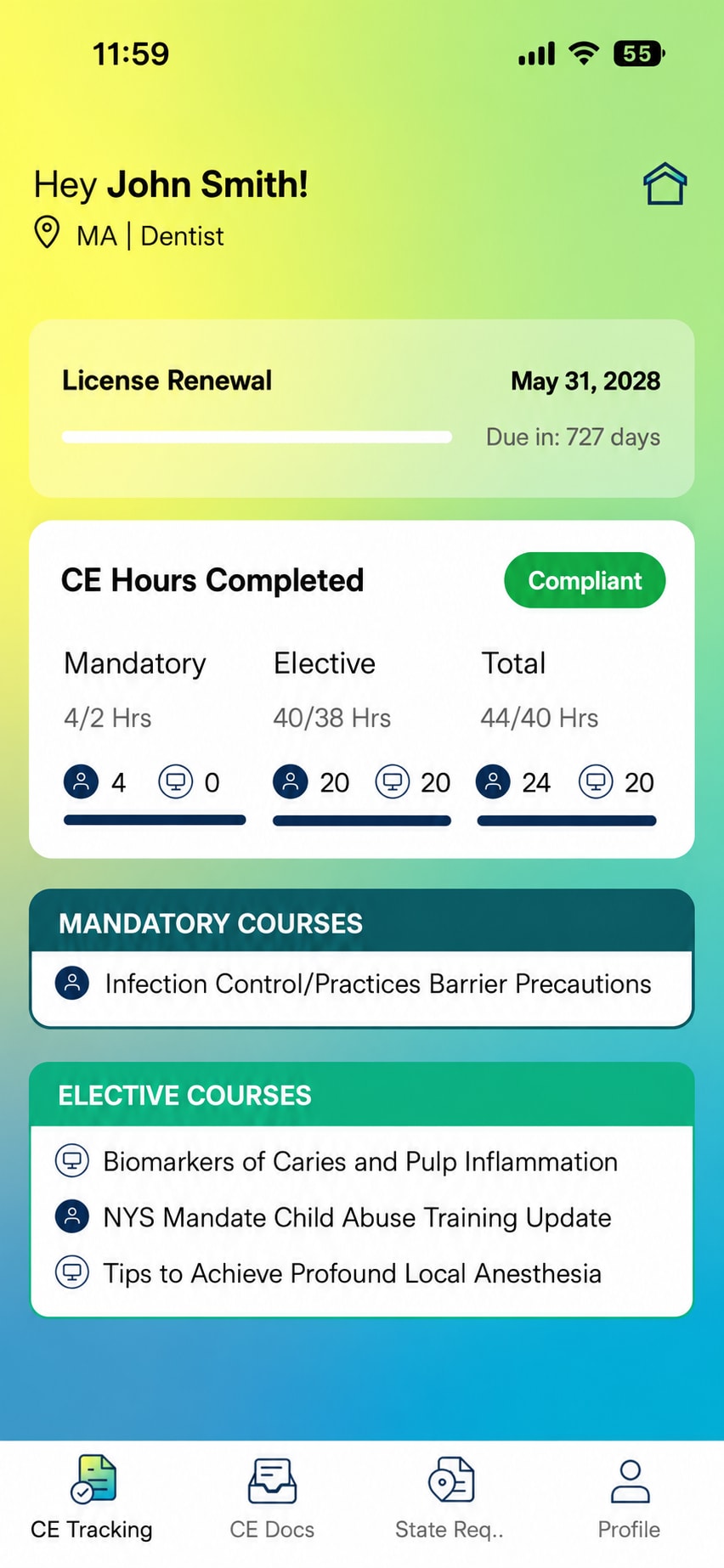 Dental CE Manager individual dashboard