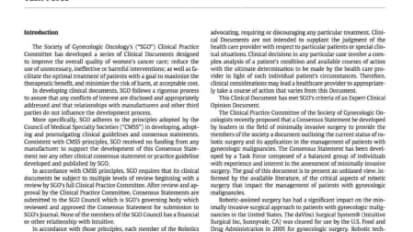 Robotic-assisted surgery in gynecologic oncology: A Society of Gynecologic Oncology consensus statement Developed by the Society of Gynecologic Oncology's Clinical Practice Robotics Task Force	