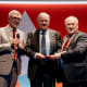 Valentín Fuster, MD, PhD, President of Mount Sinai Heart and Physician-in-Chief of The Mount Sinai Hospital receives the World Heart Federation Lifetime Achievement Award for 2024 from WHF President Daniel Pineiro (right) and Jean Luc Eisele CEO (left).