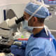 As part of the onco-microTESE procedure, urologist Kian Asanad, MD, uses a microscope to search for sperm in cancer-containing testicular tissue.