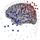 A cloud of source-sink electrodes selected for TES. The 15 large blue electrodes are those selected as cathodes, and the 15 large red electrodes are those selected as anodes. The arrows pointing away from the left anterior temporal lobe represent the cortical patches selected for target spike cluster localization.