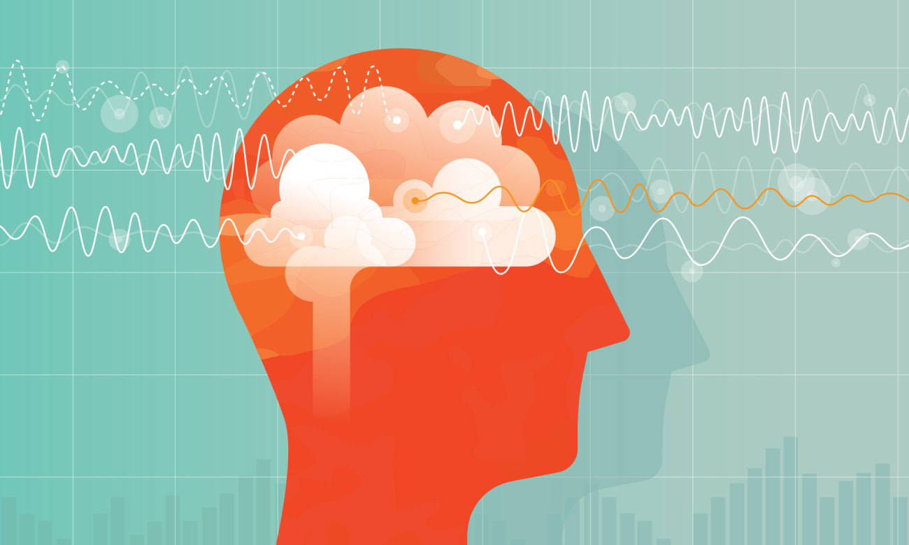 an illustration of brain waves shows the sideview of a person’s head in orange on a green background with various wave forms places over the head and brain