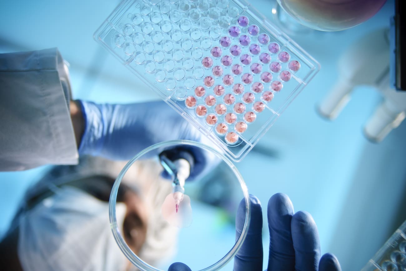 A view under a workstation shows a researcher placing a liquid sample on a dish, with more samples in a rack next to it.