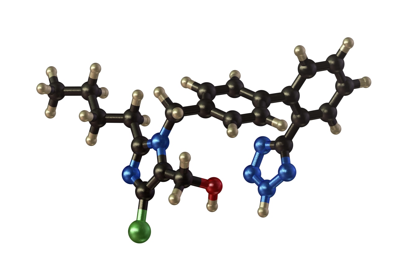 A molecular model of the ARB drug Losartan shows mostly black atoms connected to each other.