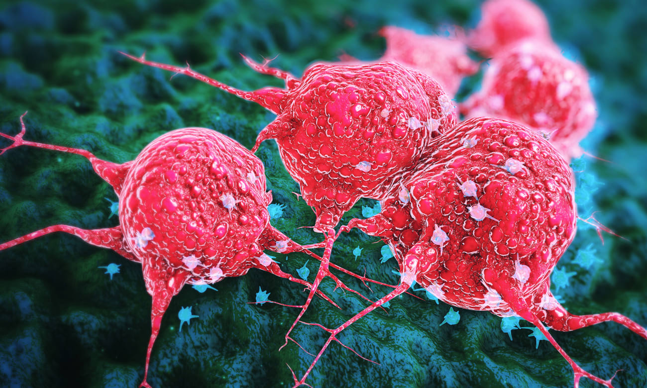 A 3D illustration of cancer cells.