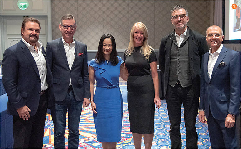 ➊ The EB Retail Strategies Panel included (from left) Safilo President and CCO Stephen Wright, luxury retailer/designer Edward Beiner, Bridgitte Shen Lee, O.D., EB EIC Erinn Morgan, De Rigo REM President Alessandro Baronti, and Eric White, O.D. (not shown). On far right is EB Publisher Mark Durrick.