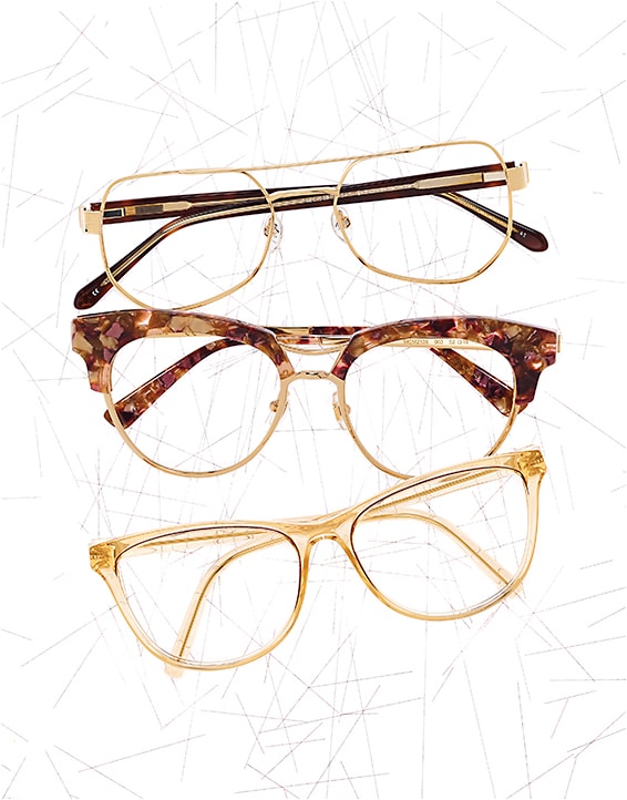 scholastic chic (From top) 
Original Penguin metal style The Sinclair from Kenmark Eyewear offers a unique shape in a thin gold silhouette. 
MCM style MCM2106 in marble pink from Marchon features acetate brows on the cat-eye metal frame. 
neubau eyewear model Valerie in crystal peach/purple from Silhouette is constructed of eco-friendly natural PX.