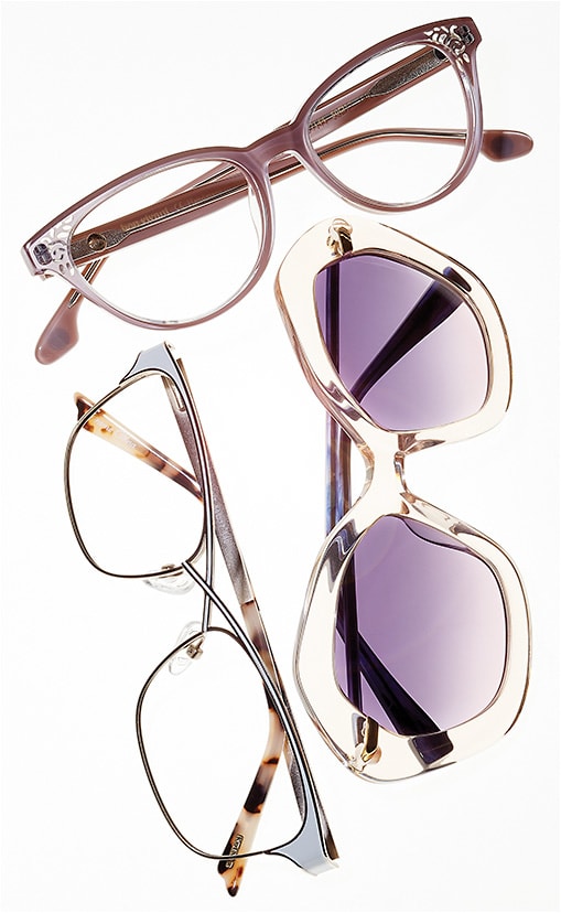 SERENE SERENDIPITY (Clockwise from top): Bon Vivant style Yvette from Ogi Eyewear achieves a Parisian aesthetic with a charming cat-eye shape. Derek Lam style Venus from MODO Eyewear offers a hexagonal front in nude crystal with blue-violet lenses for a 1970s-inspired look. Kay Unger style K204 from Nouveau Eyewear pairs a striking criss-cross bridge and brow design with tortoise temples.