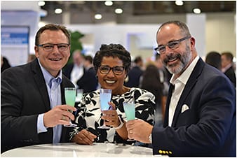 Essilor’s Matt Tackman, Sherianne James, and Rick Gadd celebrate the launch of Essilor’s Ultimate Lens Package