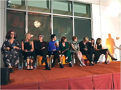 Eyecare Business Editor-in-Chief and Editorial Director Erinn Morgan participates in the LOFT Eyewear Show’s Women in Optics panel discussion at the Keep Memory Alive Event Center. From left to right: Nada Vuksic, Erinn Morgan, Jessica Fraser, Roberta Baines, Stephanie Haenes, Siobhán Burns, Wendy Salle, Christine Yeh, and Alison Amis (not pictured: panelist Julia Gogosha)