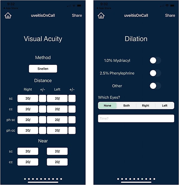 FIGURE 2: Selecting “Eye Exam” enables the physician to enter information about the patient’s visual acuity, pupils, results of tonometry and visual field testing, extraocular movement, information on pre-exam dilation, and observations from slit lamp exam and fundus imaging. IMAGE COURTESY MOISES ENGHELBERG, DO