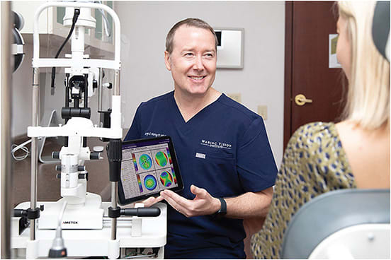 Dr. Waring takes a client on a virtual tour of the eye while discussing vision correction options and eye health and wellness.