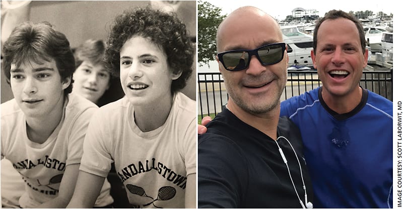 Left: Randallstown High School with Aaron Wolf in 1986. Right: With Aaron again in 2017 at the Chicago Triathlon, two-minute pit stop, minus the dog, for selfie.