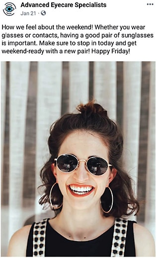 When making a social media post, consider ones that are more light-hearted in order to increase engagement.Image courtesy of April Jasper, OD, FAAO.