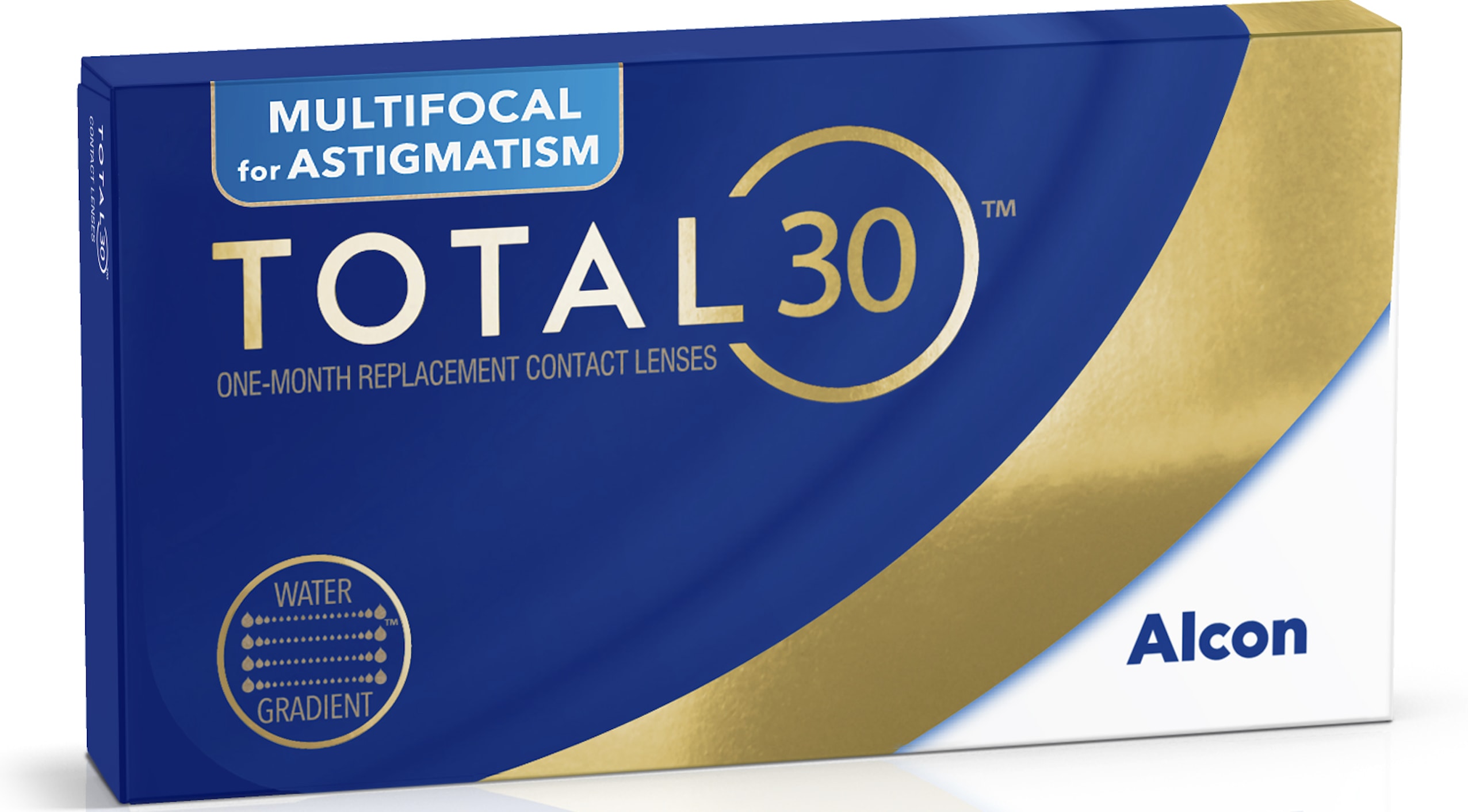 Alcon's Total30 Multifocal for Astigmatism is a multifocal toric contact lens with Water Gradient Technology that helps patients stay in lenses comfortably as their vision changes from standard correction to age-related presbyopia.