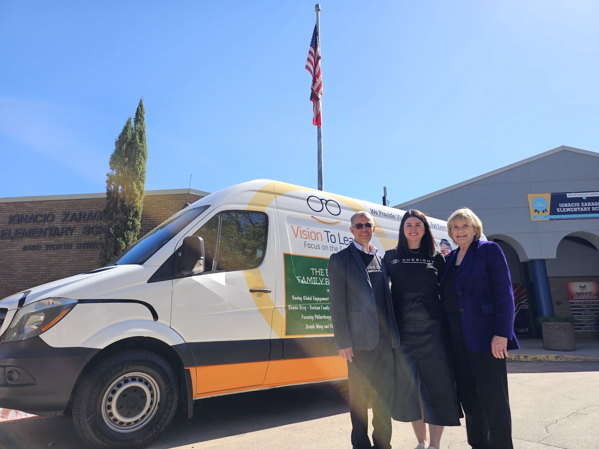 From left to right: Mike Zobrist, senior director of engineering—lab operations, EssilorLuxottica; Becky Palm, executive director of the OneSight EssilorLuxottica Foundation, North America; and Ann Hollister, president of Vision To Learn