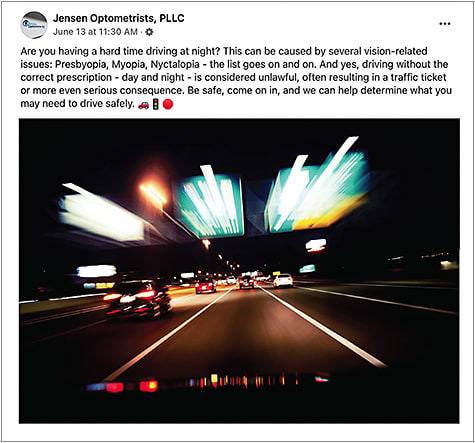 A Jensen Optometrists, PLLC Facebook post advertises prescription lens offerings for safe driving.