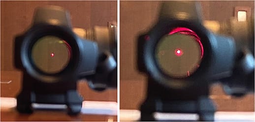 Figure 2. A shooter’s view of the red dot when in focus (left) and defocused by one diopter to approximate a presbyopic image (right).