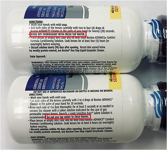 Figure 6. Gas permeable lens solution instructions for proper use. Older formulation (top) includes a step to rinse with tap water. Newer formulation is updated (bottom) and advises against rinsing with tap water.