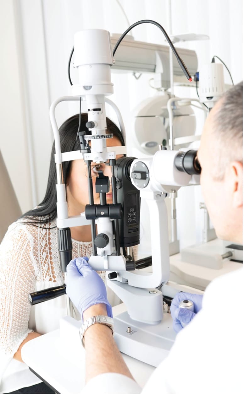 Figure 3. A patient undergoing slit lamp CXL in a doctor’s office. Image courtesy Farhad Hafezi, MD, PhD, FARVO
