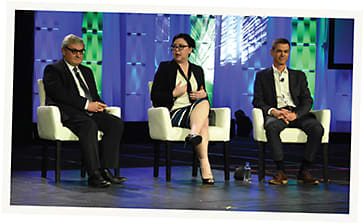 From left: Transitions' Thierry Robin, Catherine Rauscher, and Luc Nouvelot hold a panel discussion about Transitions technology