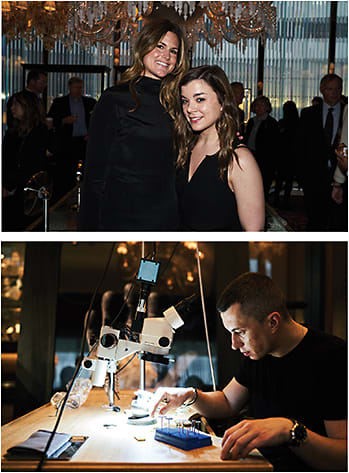 Silhouette celebrates its Atelier Collection at the Baccarat Hotel.
Top: Silhouette's Kristen McLaughlin (left) and Erin Farley.
Bottom: Silhouette's gem setter hard at work