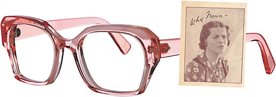 The Kirk &amp; Kirk Bridget frame in crystal pink acrylic; a vintage Kirk &amp; Kirk
advertisement.