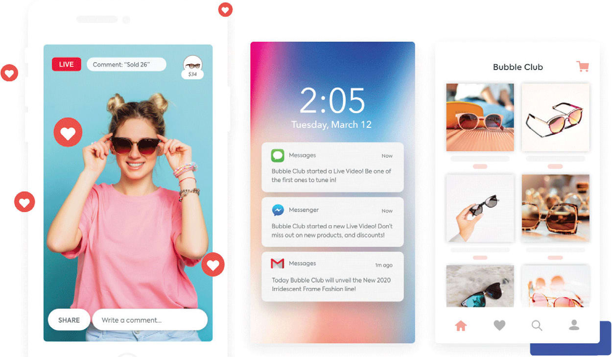 Social selling enables two-way dialogue as consumers “like” and comment in real time using their phones (left), while ECPs interact directly via text, Facebook Messenger, and email, and serve up new styles (center, right). PHOTO: COURTESY OF COMMENTSOLD