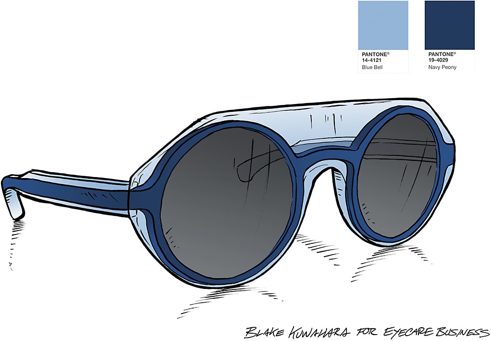 Eyewear designer and edCFDA member Blake Kuwahara incorporates two top hues, one from New York Fashion Week and the tranquil Blue Bell shade from the London Fashion Week palette, for a sketch of the Gropius style, a spec set to debut at Vision Expo West. The frame will be offered in this color combination.