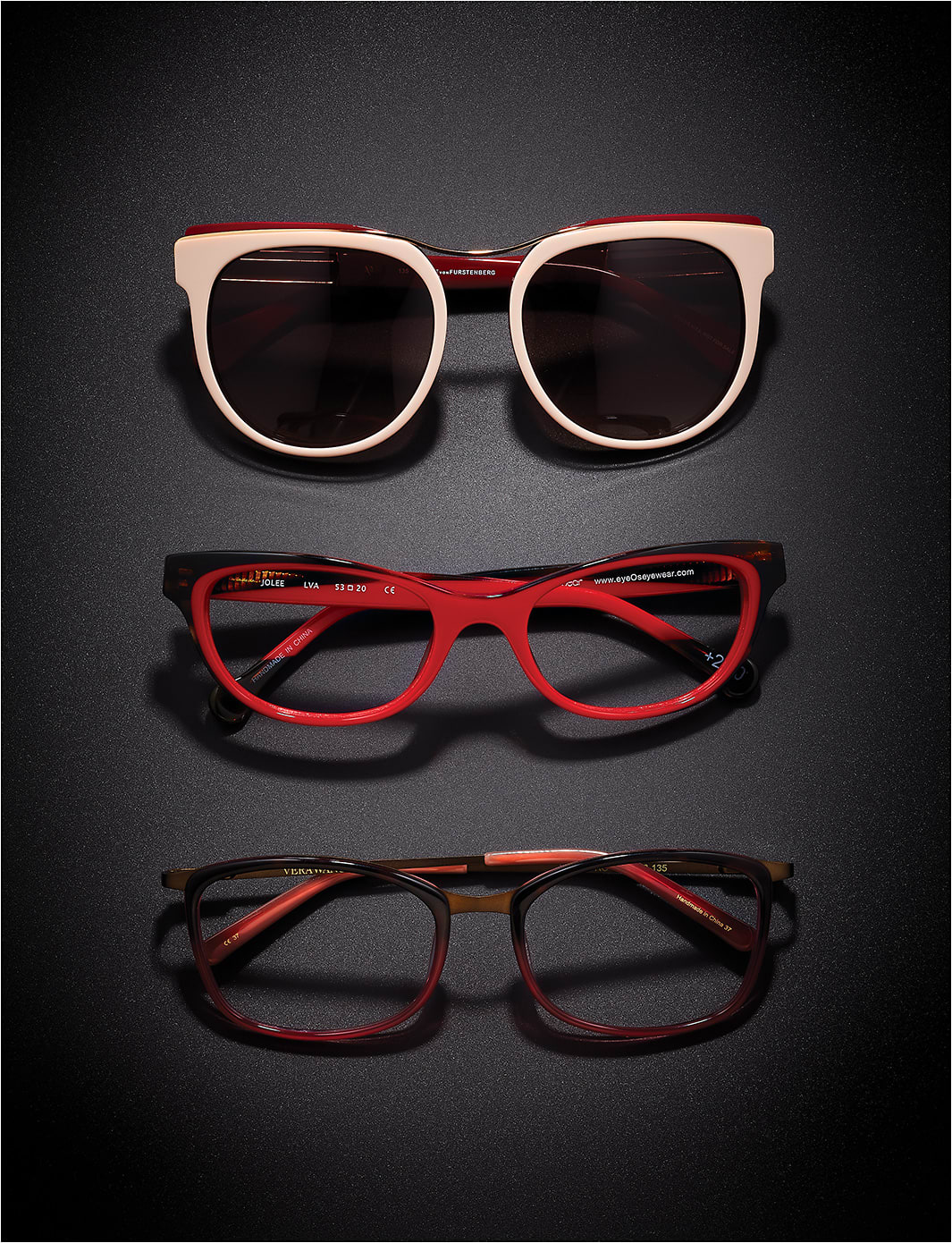 COLLECTIVE STYLE 
(From top) 
Diane Von Furstenberg sunglass style DVF839S Gemma from Marchon features a bold round shape in blush/burgundy laminate, paired with metal detailing. 
eyeOs style Jolee offers a fiercely feminine silhouette in Mazzucchelli acetate, shown here in the lava colorway. 
Vera Wang style V521 from Kenmark Eyewear presents a posh shape in metal + acetate, shown here in rosewood.