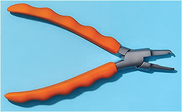 8 NOSE PAD PLIERS: “I prefer to control the width of the pads with  the pressure of my fingertips and use the pliers to angle the pads, so they lay flush on the bridge of the client’s nose.”
Pictured: Nose Pad Adjusting Pliers from Santinelli Int’l Optical Supply (SIOS)