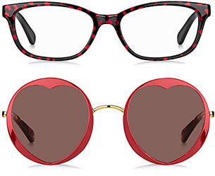 Shown here: brylie optical style in black with red hearts + the rosaria/s sunglass in red with a heart cutout lens.