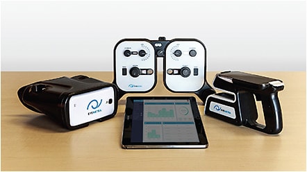 EyeNetra’s portable suite: (from left) autorefractor, phoropter, and lensometer