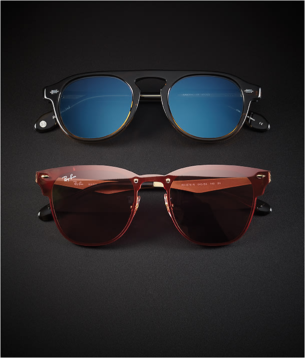 LUXE LENSES
(FROM TOP)
Garrett Leight x Nick Wooster style Harding delivers a prominent top bar for a retro-influenced frame inspired by Arthur Miller—with a surprise. Breathe on the lenses and a graphic of Nick Wooster appears. Shown in its java drift colorway with semi-flat pure cobalt lenses.
Ray-Ban Blaze Collection model RB3576N from Luxottica is a sleek flat lens-over-frame construction on metal, shown in gold with pink mirror Sharp Onesie lens.