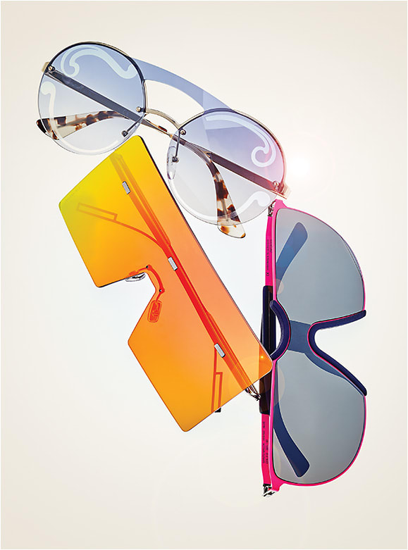 INIMITABLE, OH YES 
(from top): 
Prada style PR65TS in light blue from Luxottica features an intricate lens treatment. 
Dior Homme New Wave-inspired mask style Hardior from Safilo stood out on the Fall/Winter '17 runway. 
MYKITA style ALOE, part of the 3D-printing-infused MYLON Collection.