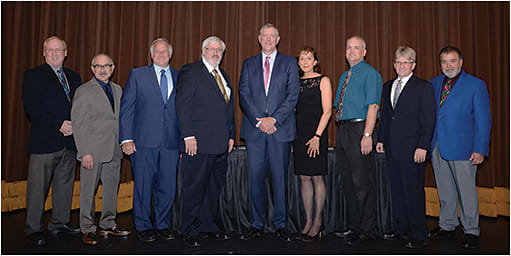 The inductees to The Vision Council Lab Division Hall of Fame, from left to right: James Goerges of Precision Tool Technologies, Mark Mattison-Shupnic of Jobson and MMS Consulting, John Art of Interstate Optical, William Heffner III of FEA Industries, Marty Bassett (Director’s Choice Award) of Walman Optical, Lorinda Fraboni of Walman Optical, Lawrence Lahr of Eye-Kraft Optical, Drake McLean of Dietz-McLean Optical, and Joe Vitale of Essilor of America
