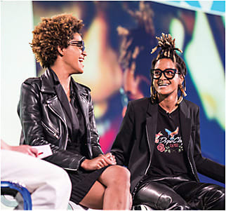 Eyewear designers + Transitions ambassadors Coco &amp; Breezy during a Q&amp;A with The Vision Council’s Lindsey Ruhe