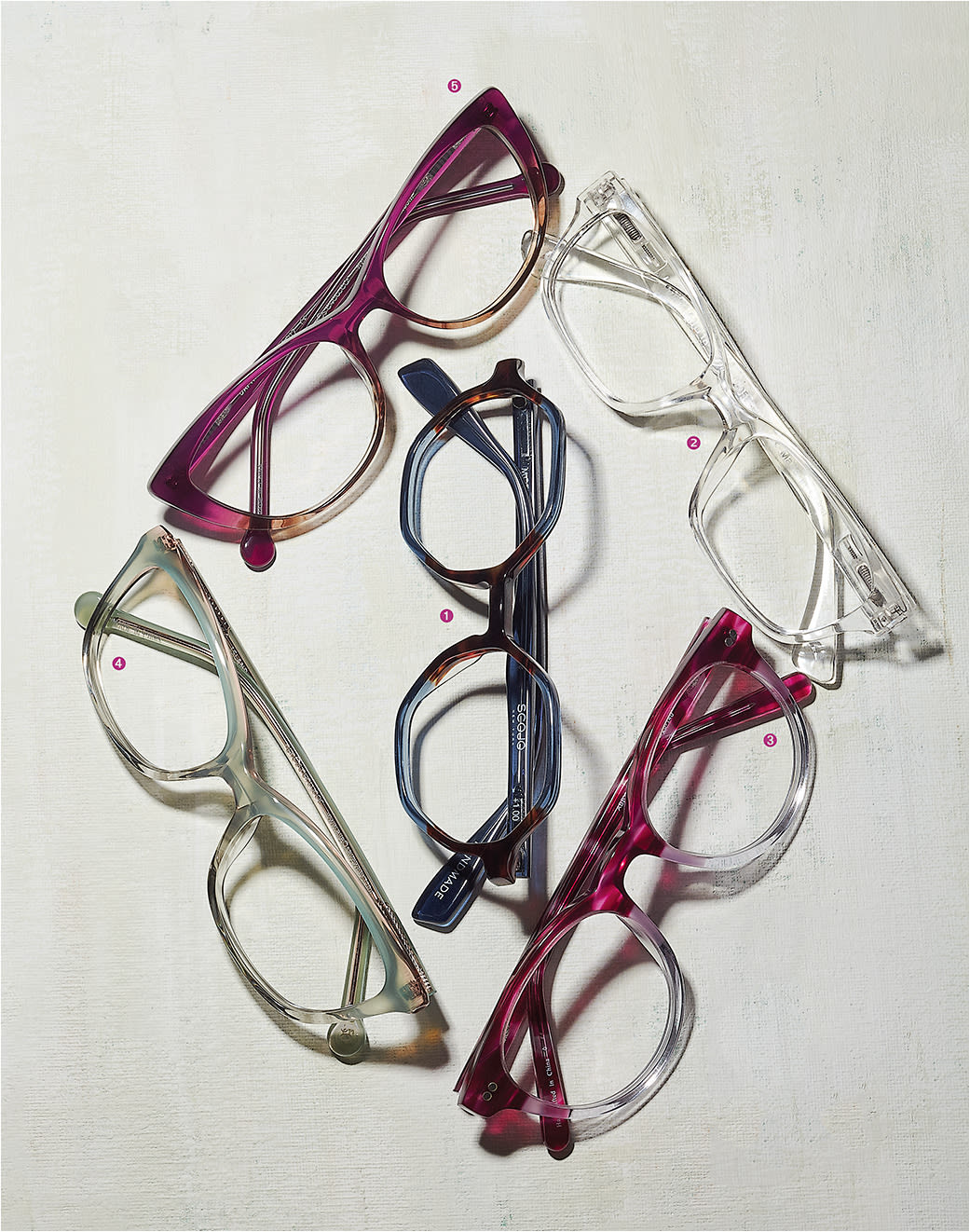 Do You Read Me? The 1 Scojo New York Mott St. from Ogi Eyewear shines with a hexagonal shape in the Fire by Moonlight colorway. The 2 Leader Blu-Ban from Hilco Vision offers a versatile rectangular silhouette in clear crystal and filters blue light (85% at 400nm). 3 Corinne McCormack style Abby from FGX International stays on trend with colorblocking in hues of magenta and crystal. The 4 eyeOs Island Girl in teal and pink is inspired by the shorelines of Aruba. The Daphne from 5 eyeOs pairs plum with a touch of tortoise for a sleek and sophisticated cat-eye. eyeOs styles are available with BlueBuster blue-light-filtering lenses.