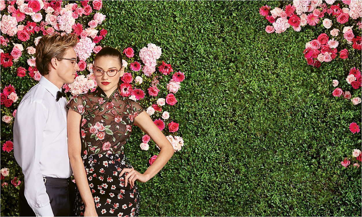 FLORAL  NOTES On Eki: Giorgio Armani Frames of Life AR5064 from Luxottica, a semi-rimless style in matte silver metal with tortoise acetate temples. On Lena: Seraphin Belmont 8077 from Ogi, an upswept cat-eye frame in checked rose acetate speckled with glitter.