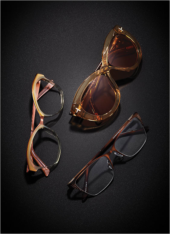 GENERATION GOOD 
(Clockwise from top) 
Tom Ford sunglass style FT0577 from Marcolin stuns with an infinity-shaped front made of thick acetate. 
London Fog semi-rimless style Janis from ImageWear features a textured upsweep in an updated, oversized shape. 
OGI style 9119 from Ogi Eyewear shines in tangerine tones with an iridescent duo-chrome finish.