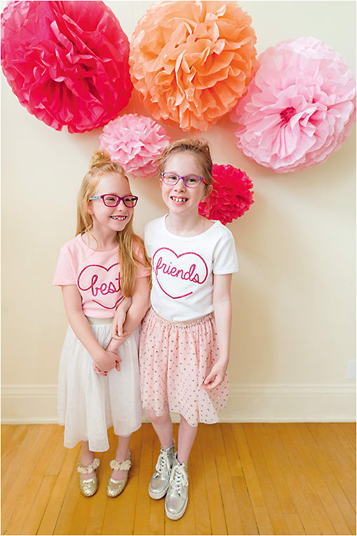 BFFs FOREVER
(From left) 
On Izzy: Marchon NYC Jr. style Kayla in color 664 from Marchon features floral designs made from custom, high-definition acetate.
On Giada: Steve Madden style G-Twiinkle in purple sparkle from ClearVision Optical is from the global fit collection.