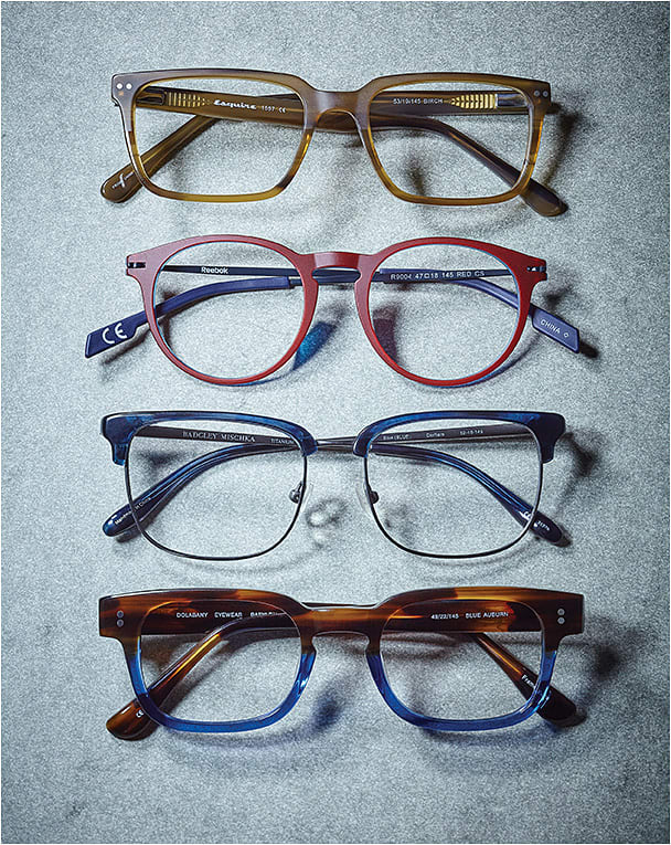 LEVEL UP (From top) 
Esquire style EQ1557 from New York Eye in the in-demand Birch colorway features front and temple rivets and a durable five-barrel spring hinge. 
Reebok style R9004 from FGX International in TR-90 appeals to men on the move with a matching polarized sport clip-on. 
Badgley Mischka style Derham from The McGee Group is a titanium-acetate combination style in a sophisticated squared silhouette. 
Dolabany Eyewear style Babylon captures the retro trend with a thick-rimmed frame in premium Italian zyl, featuring rivets, a keyhole bridge, and multi-barrel hinges.