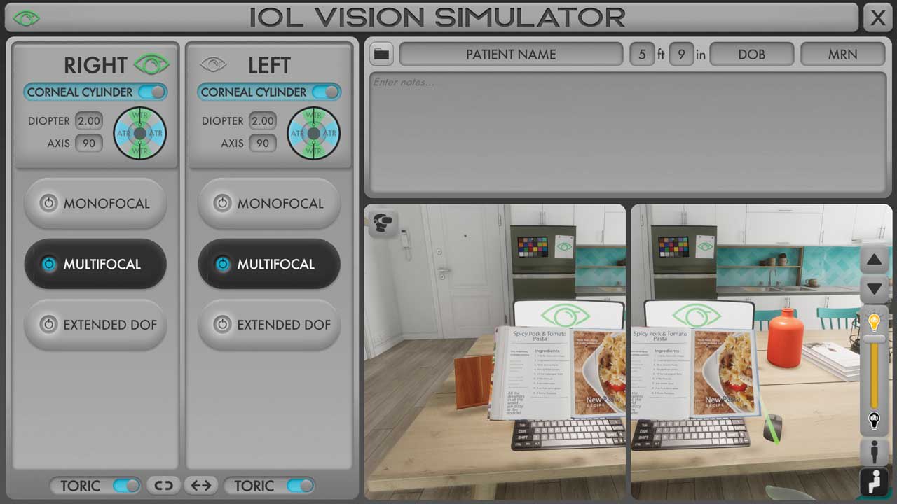 A look at the interface displaying a multifocal toric IOL, which shows clear vision at a range of distances