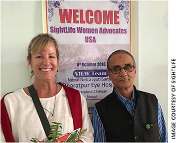 A warm welcome is extended to the SightLife Advocates by Bharatpur Eye Hospital Chairman Krishna Raj Dharel. Next to him is SightLife Advocate Abigail Markward.