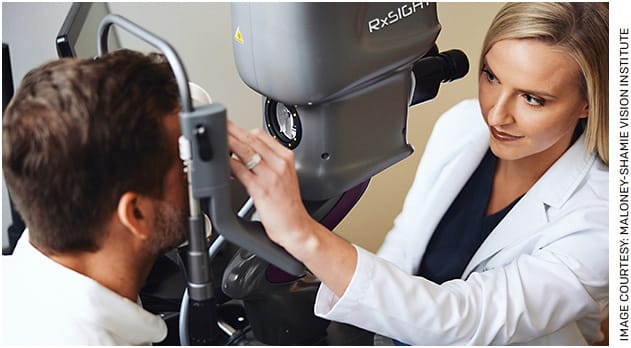 Kristen Barnes, OD (right), performs a light adjustment with the Light Delivery Device on a patient at Maloney-Shamie Vision Institute in Los Angeles.