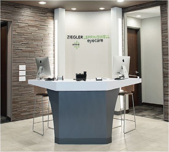 Conceirge-style desk at Ziegler &amp; Leffingwell Eyecare.
Courtesy of Babboni Photography
